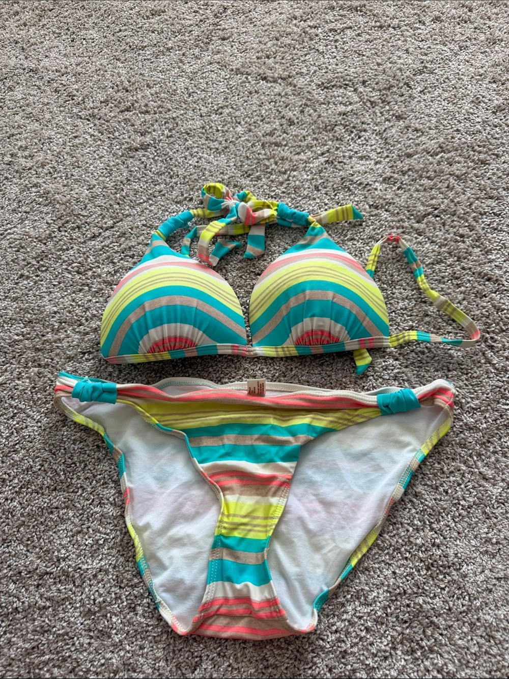 Arizona Jean Company Pastel Striped Bikini Top in Teal, Yellow & Coral